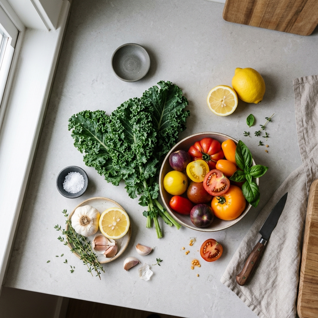Fresh vegetables styled on a kitchen counter
